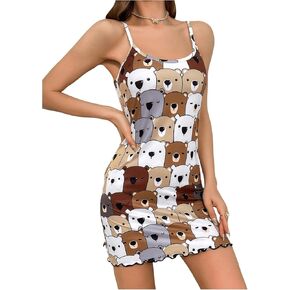 WDIRARA Women's Cartoon Cute Print Sleeveless Lettuce Trim Nightgown Cami Night Dress Sleepwear