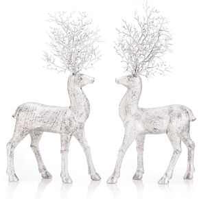 iPEGTOP 2 Pcs Rustic Christmas Reindeer, 15 inch Holiday Elk Deer Figurines Christmas Standing Deer, Tabletop Office Decor Statues Party Decoration, Silver