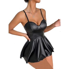 Women's Plunging Neck Spaghetti Strap Mini Dress PU Leather Sleeveless A Line Flared Casual Partywear