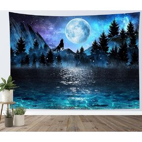 LB Moon Over Ocean Tapestry Wall Hanging, Galaxy Wolf on Mountain Wall Tapestry, 3D Fantasy Watercolor Starry Night Sky Forest Tapestry Wall Art for Bedroom Living Room Dorm Home Decor, 60 x 40 Inch