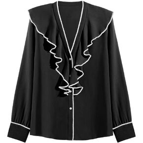 Cicy Bell Womens Dressy Casual Blouse Chiffon Ruffle V Neck Long Sleeve Tops Button Down Shirts