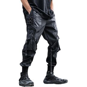 XYXIONGMAO Men's Black Streetwear Trousers Goth Sweatpants Techwear Hip Hop Multi-Pocket Cargo Pants with Straps for Men(Black,L)