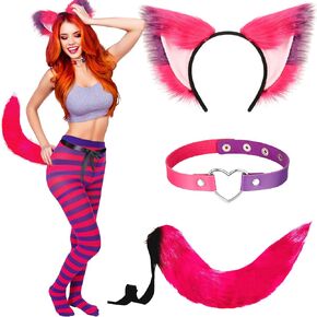 4 Pcs Halloween Pink and Purple Striped Cat Costume for Women Cat Ears Plush Clip Tail Neck Collar Set with Workout Leggings Costume Handmade Accessory Set