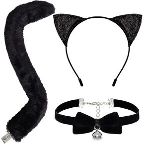 3Pcs Cat Ears Headband and Tail Bell Collar Set Black Cat Costumes Accessories for Women Girls Halloween Animal Cosplay Party Accessory Kit for Adults