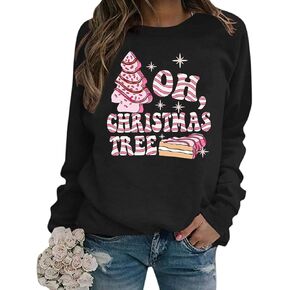 MYCHTE Oh Christmas Tree Sweatshirt Women Christmas Cake Shirt Long Sleeve Crewneck Pullover Tops Funny Xmas Holiday Tee