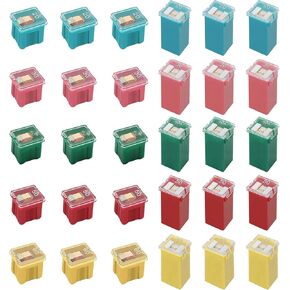 30 PCS Car Fuse Assortment Kit, Low Profile and Tall/Standard Box Shaped Fuses 20 A 30 A 40 A 50 A 60 A, Car Cartridge Fuse Kit for RVs, Cars, Trucks, SUVs, Boats (Multicolored)