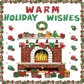 Faccito 70 Pieces Christmas Bulletin Board Decorations Warm Holiday Wishes Fireplace Cutouts Xmas Hearth Classroom Decor for Office School Wall Bulletin Board Home Winter Party Decoration Supplies