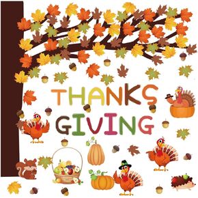 114 Pcs Fall Bulletin Board Decorations Fall Give Thanks Tree Maple Leaves Cutouts Set with 180Pcs Glue Points Thanksgiving Classroom Bulletin Board Decor for Home Chalkboard Wall Decor