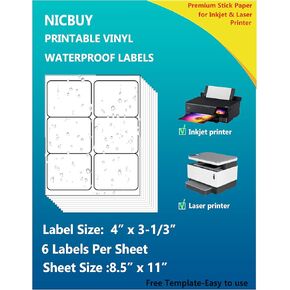 Printable Bottle Labels 4x3-1/3 inch Glossy White Waterproof Vinyl Sticker Labels 90 Pcs Blank Labels for Inkjet or Laser Printer
