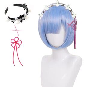 شعر مستعار ريم مع عصابة رأس X دبابيس زهرة القوس، شعر مستعار كوسبلاي أنمي ريم، شعر مستعار بوب أزرق قصير للنساء والفتيات in Kuwait