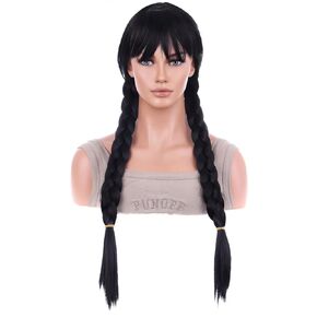 BERON Women Girls Long Braids Black Wig with Bangs Long Pigtails Straight Hair Wigs for Adult Halloween Costume Party Cosplay Wigs