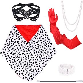 6 PCS Halloween Dalmatian Shawl Set include Large Plush Shawl Red Gloves Lace Eye Mask Necklace Bracelet and Fake Stick for Women Cosplay Party Supplies