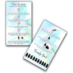 Press-On Nail Application Instructions Cards | 50 Pack | 2x3.5 inch Business Card Size | Non-Reflective Matte Holographic Look Design, rainbow, black, white, holographic look