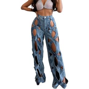 Cut Out Jeans for Women Straight Leg High Rise Denim Pants Streetwear