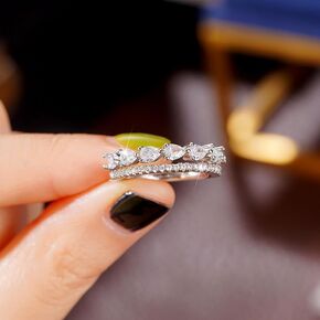 RKKOJJO 925 Sterling Silver Shiny Full Diamond Gemstone Ring Cubic Zirconia Promise Cocktail Rings CZ Diamond Multi Row Ring Eternity Engagement Wedding Band Ring for Women Size 7