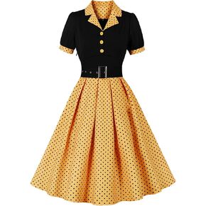 Wellwits Women's Black Bodice Button up Printed Pleated Work Office Formal Cocktail 1950s Vintage Blazer Dress