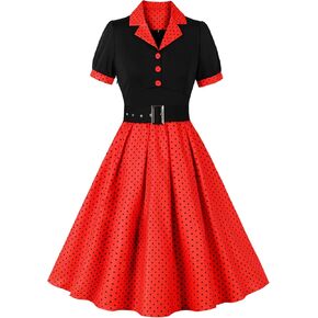 Wellwits Women's Black Bodice Button up Printed Pleated Work Office Formal Cocktail 1950s Vintage Blazer Dress