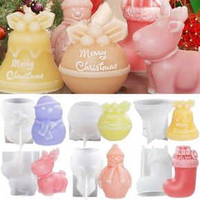 6Pcs Christmas Candle Molds,Christmas Snowman Silicone Molds Jingle Bell Bells Resin Molds Christmas Sock Resin Mold Santa Claus Elk Deer Silicone Mold for Xmas Candle Making Craft Supplies Home Decor
