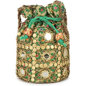Indian Traditional Satin Potli Bag with Round Mirror for Women