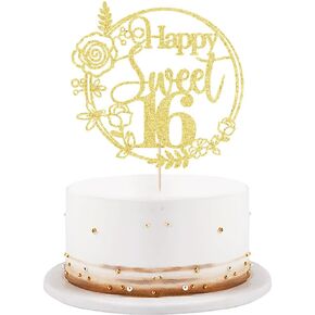 Happy Sweet 16 Cake Topper Glitter 16th Birthday Cake Pick for Cheers to 16 Years Old 16th Birthday Party Cake Decorations Supplies Gold