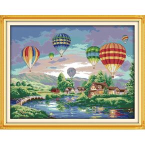 Happy Forever Cross Stitch Kits 11CT Stamped Patterns for Kids and Adults, Preprinted Embroidery kit for Beginner, Scenery View and Landscape (F027 Dream House 1, Size 19''x15'')