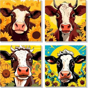 MOGTAA Cow Paint by Numbers Kit for Adults Beginners Framed, 4 Pack DIY Adults' Paint-by-Number Kits, Adult Paint by Number Kits on Canvas, Flowers Acrylic Arts and Crafts for Home Decor, 8x8in