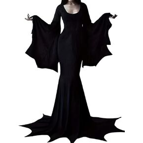 YEAXLUD Vampire Womens Halloween Costumes Long Wide Sleeves Morticia Addams Costume Wrap Gothic Witch Dress Evil Costume Adult Women Party Black Witchy Dress（Long Dress-Black-M）