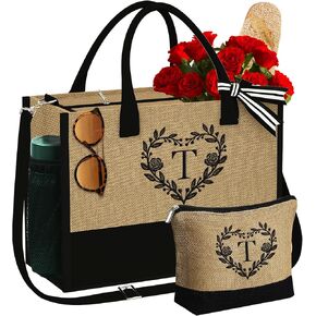 YOOLIFE Jute Beach Tote Bag for Women - Initial Monogrammed Beach Tote Bag Zipper Cosmetic Bag Travel Essential Personalized Birthday Gifts Party Favor Women Friend Female Mom Teacher Sister F