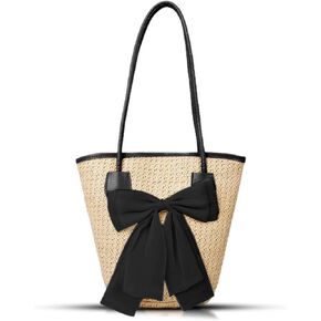 Tote Bag for Women, Straw bag, Handwoven Straw Bag, Large bow and Leather Straps Handbag, Woven Bags Suitable for Beach, Travel, Daily Matching (Black)