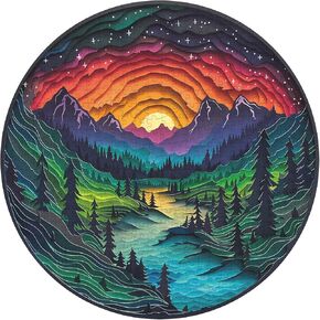 Magic Forest Puzzles for Adults 1000 Pieces, Nature Round Tree Mountain River Sunset Landscape Puzzle, Colorful Paper Cut Art Puzzle, Difficult Hard Challenge Jigsaw Puzzle