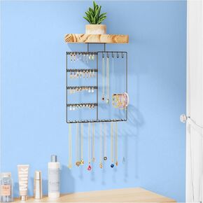 Lolalet Hanging Jewelry Organizer with Wood Shelf, 6-Tier Wall Mount Jewelry Holder with Earrings Holder Bracelets Holder Necklaces Hooks, Jewelry Display Rack for Wall Bathroom -Black