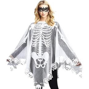 Unisex Lace Skeleton Cape Skull Cloak Jagged Cross Bone Shawl Funny Horrific Witch Vampire Halloween Cosplay Costume