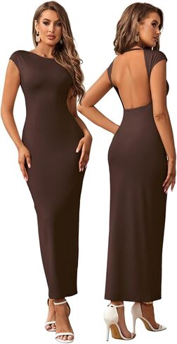 XinFSh Women Formal Maxi Dresses Elegant Cap Sleeve Bodycon Dress Crew Neck Slim Fit Backless Long Dress in Saudi Arabia
