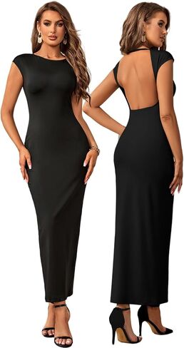 XinFSh Women Formal Maxi Dresses Elegant Cap Sleeve Bodycon Dress Crew Neck Slim Fit Backless Long Dress in Saudi Arabia