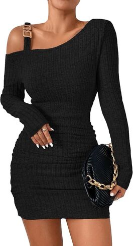 SHENHE Women's Cut Out Asymmetrical Neck Ruched Bodycon Long Sleeve Mini Dress in Saudi Arabia