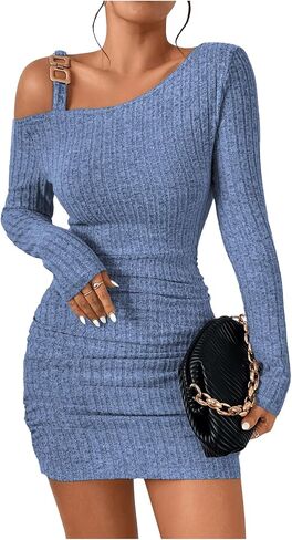SHENHE Women's Cut Out Asymmetrical Neck Ruched Bodycon Long Sleeve Mini Dress in Saudi Arabia