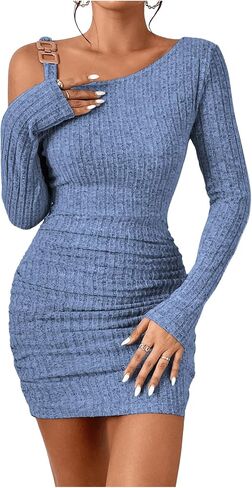 SHENHE Women's Cut Out Asymmetrical Neck Ruched Bodycon Long Sleeve Mini Dress in Saudi Arabia