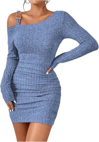 SHENHE Women's Cut Out Asymmetrical Neck Ruched Bodycon Long Sleeve Mini Dress in Saudi Arabia
