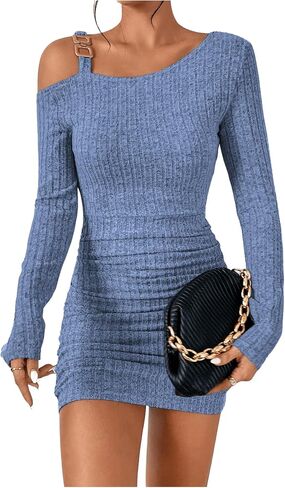 SHENHE Women's Cut Out Asymmetrical Neck Ruched Bodycon Long Sleeve Mini Dress in Saudi Arabia