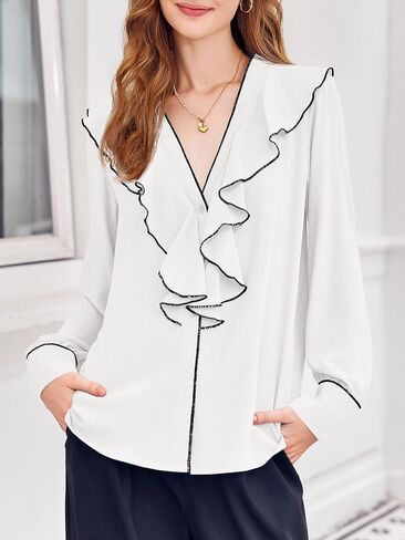 Cicy Bell Womens Dressy Casual Blouse Chiffon Ruffle V Neck Long Sleeve Tops Button Down Shirts in Saudi Arabia