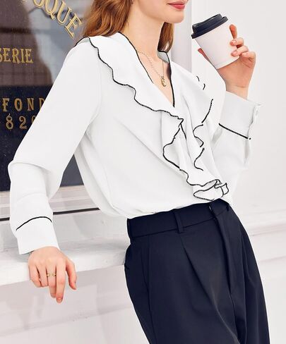 Cicy Bell Womens Dressy Casual Blouse Chiffon Ruffle V Neck Long Sleeve Tops Button Down Shirts in Saudi Arabia