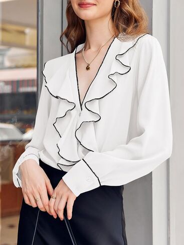Cicy Bell Womens Dressy Casual Blouse Chiffon Ruffle V Neck Long Sleeve Tops Button Down Shirts in Saudi Arabia