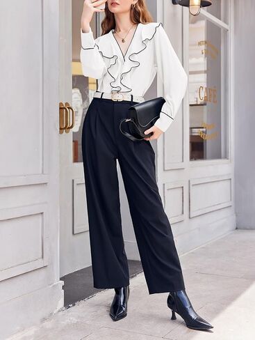Cicy Bell Womens Dressy Casual Blouse Chiffon Ruffle V Neck Long Sleeve Tops Button Down Shirts in Saudi Arabia