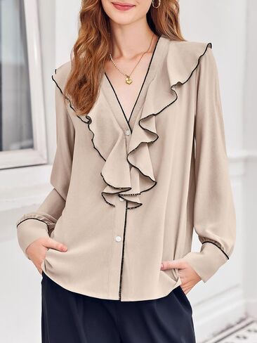 Cicy Bell Womens Dressy Casual Blouse Chiffon Ruffle V Neck Long Sleeve Tops Button Down Shirts in Saudi Arabia