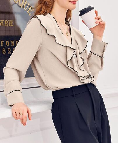 Cicy Bell Womens Dressy Casual Blouse Chiffon Ruffle V Neck Long Sleeve Tops Button Down Shirts in Saudi Arabia