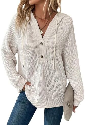 SOLY HUX Women's Oversized Sweatshirts Waffle Knit Hoodies Trendy Casual V Neck Button Pullover Hooded Tops in Saudi Arabia