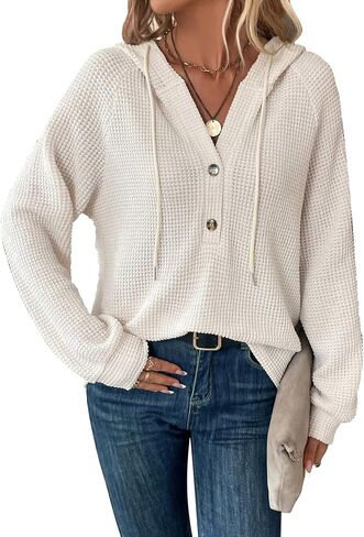 SOLY HUX Women's Oversized Sweatshirts Waffle Knit Hoodies Trendy Casual V Neck Button Pullover Hooded Tops in Saudi Arabia