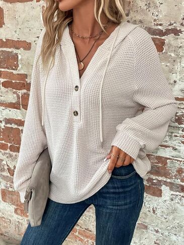 SOLY HUX Women's Oversized Sweatshirts Waffle Knit Hoodies Trendy Casual V Neck Button Pullover Hooded Tops in Saudi Arabia