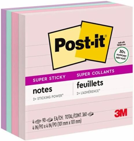 ورق ملاحظات فائق اللصق معاد تدويره من Post-it، مقاس 10.16 سم × 10.16 سم، مجموعة Wanderlust Pastels، مسطرة، 4 وسادات/عبوة، 90 ورقة/وسادة in Saudi Arabia