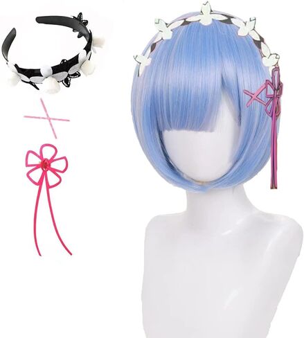 شعر مستعار ريم مع عصابة رأس X دبابيس زهرة القوس، شعر مستعار كوسبلاي أنمي ريم، شعر مستعار بوب أزرق قصير للنساء والفتيات in Kuwait